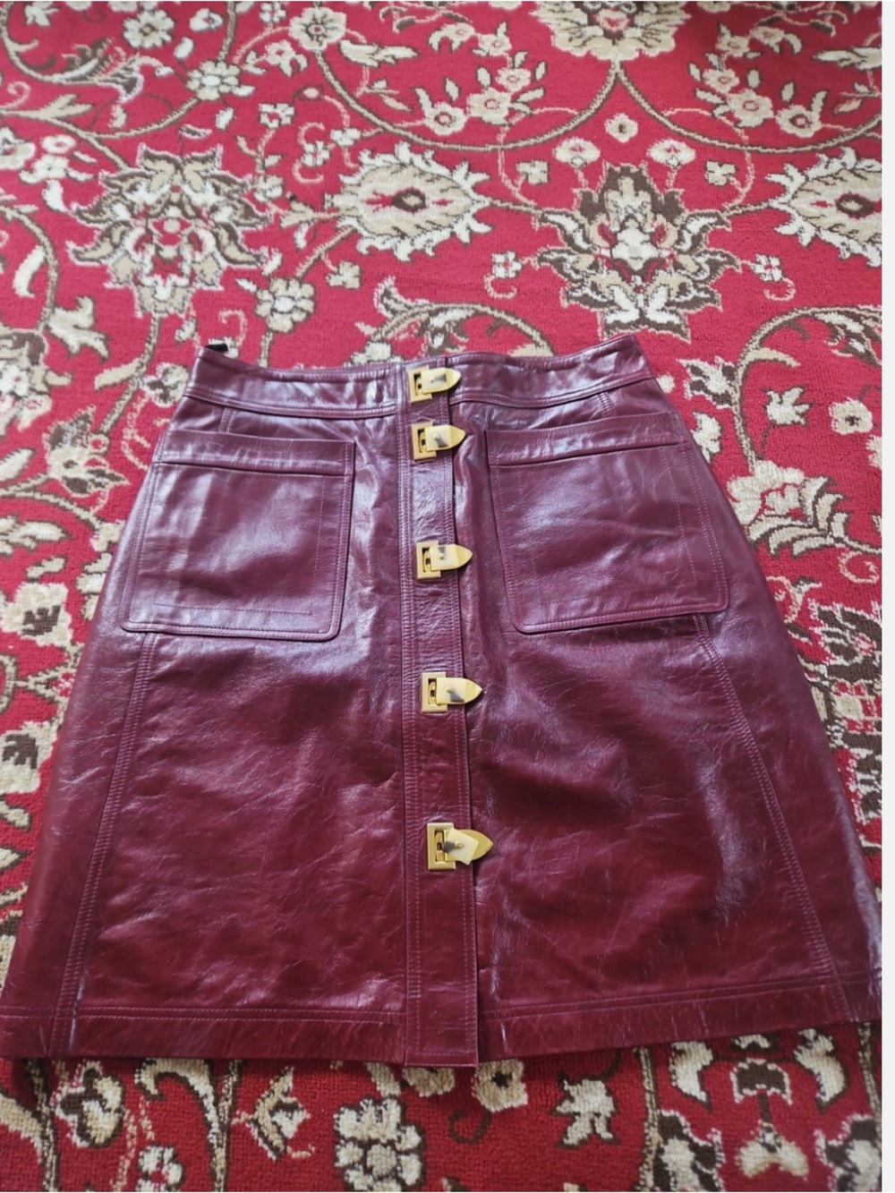 Tory Burch Bianca Burgundy Leather A-Line Skirt with Gold Buckle Front